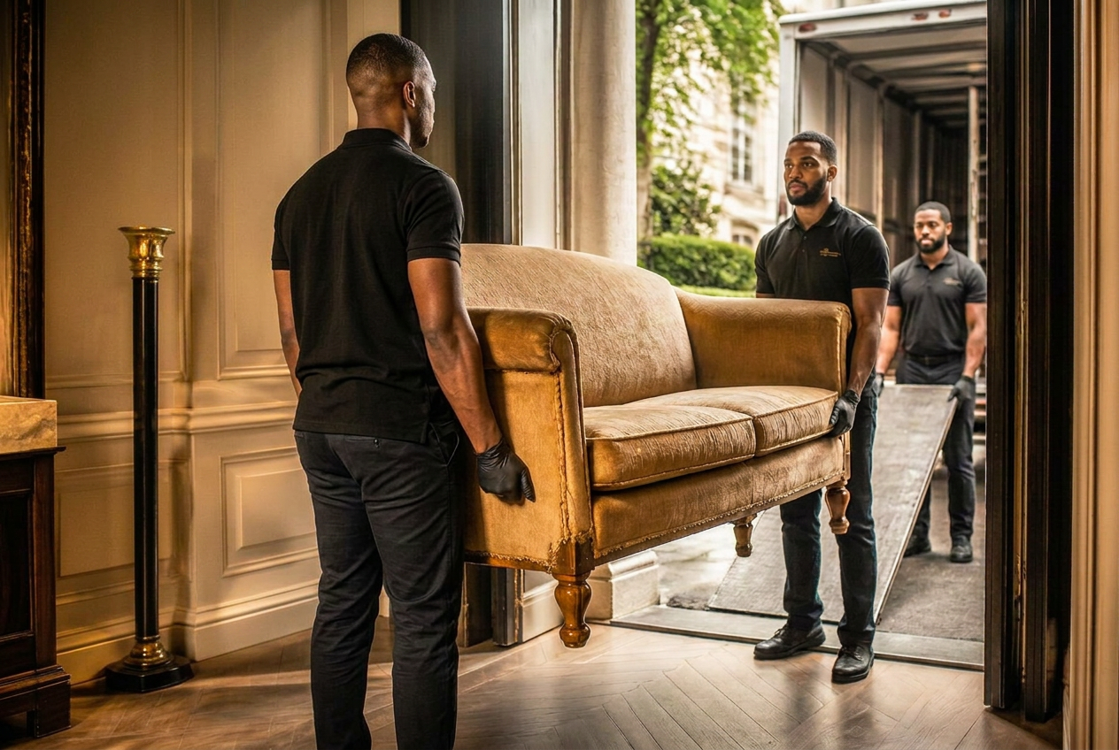 Black Label crew carrying furniture out of a property